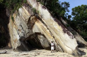 Vietnamese Geologist in front of an uplifted and tilted transgressive sequence of sandstones that prograded out into a Tertiary foreland basin with higher energy than the quieter, slower deposition of the Phosphoria Formation which occurred in a much older foreland basin in North America.  Image captured in northern Borneo by GJH member David Weichman.